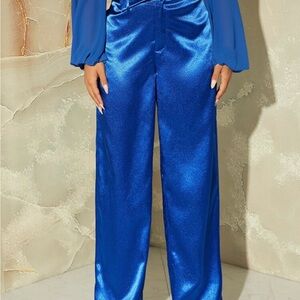 Elegant Blue Satin Pantsuit